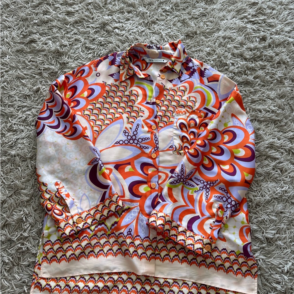Zara Red and Orange Casual Button Down Shirt